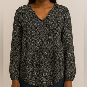 VIOLET & CLAIRE Navy Blue OLIVE Green Floral Patterned Lightweight Tunic Top M